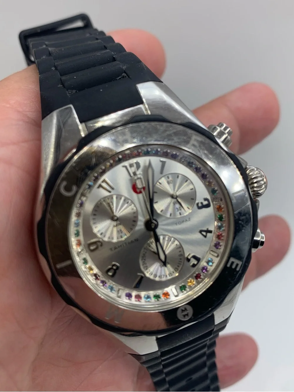 Tahitian Topaz Multi-Stone Chronograph Watch in Black and Silver